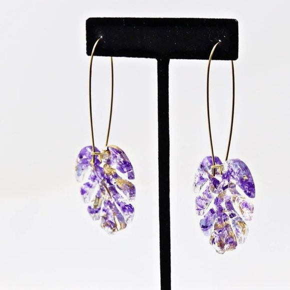 Purple & Gold Monstera Resin Hoops | Handmade - Picture 3 of 4